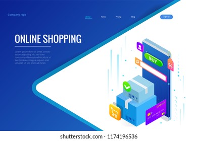 Isometric vector Online shopping concept. Landing page template. Modern ultraviolet design for a web page. Sale, consumerism, buy online and e-commerce concept.