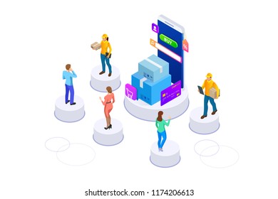 Isometric vector Online shopping concept. Landing page template. Modern ultraviolet design for a web page. Sale, consumerism, buy online and e-commerce concept.