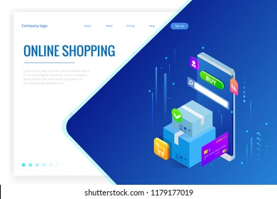 Isometric vector Online shopping concept. Landing page template. Modern ultraviolet design for a web page. Sale, consumerism, buy online and e-commerce concept.