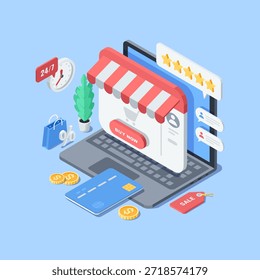 Tienda en línea del Vector isométrico en una pantalla del ordenador portátil, en color sobre un fondo azul, compras en línea con descuentos 24 7