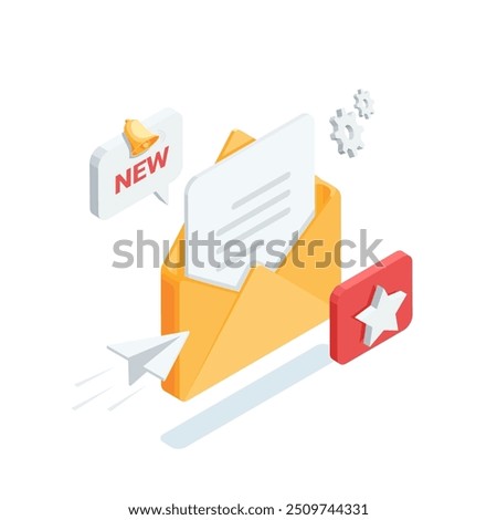isometric vector open envelope with bell and star, in color on white background, mailing or new important message