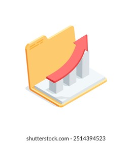 vetor isométrico aberto pasta e gráfico com seta, em cor sobre fundo branco, crescimento financeiro ou análise de dados estatísticos