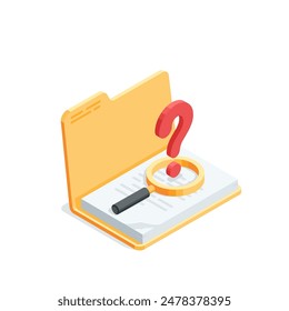 isometric vector open folder with documents and a magnifying glass with a question mark, in color on a white background, searching for data or working with papers