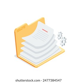 isometric vector opened folder with a stack of documents, in color on a white background, paper folder or paper work