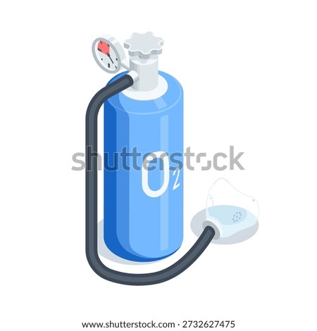 Isometric vector oxygen cylinder and mask, in color on a white background, medical equipment or items for sports