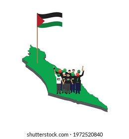 An isometric vector of Palestine map, waving flag and people showing solidarity. Save Palestine concept