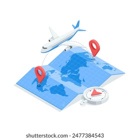 isometric vector passenger plane flying from one location to another over a world map, in color on a white background, air travel or long haul flights