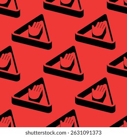 Isometric vector pattern featuring stop hand symbols inside triangular warning signs with bold shadows and negative space on a red background. Ideal for safety, caution, or signage designs.
