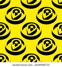 Isometric vector pattern of location pin icons in bold 3D circular frames on yellow background. Negative space design representing GPS, maps, and navigation concepts.
