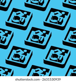 Padrão de vetor isométrico de sinais de acessibilidade de cadeiras de rodas usando espaço negativo e sombras arrojadas. Definido em fundo azul brilhante, perfeito para design inclusivo, serviço público ou de acesso universal.