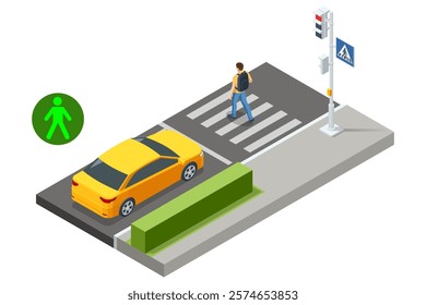 An isometric vector of a pedestrian confidently walking across a crosswalk while a blue car patiently stops. The signal is green for pedestrians. Traffic regulation on pedestrian crossing.