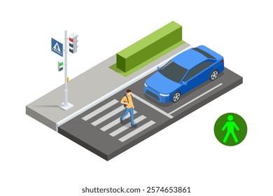 An isometric vector of a pedestrian confidently walking across a crosswalk while a blue car patiently stops. The signal is green for pedestrians. Traffic regulation on pedestrian crossing.