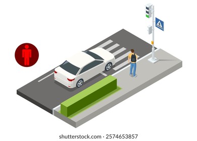 An isometric vector of a pedestrian at a crosswalk with a red car stopped at the traffic light. The pedestrian is waiting for the signal. Traffic regulation on pedestrian crossing.