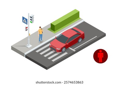 An isometric vector of a pedestrian at a crosswalk with a red car stopped at the traffic light. The pedestrian is waiting for the signal. Traffic regulation on pedestrian crossing.