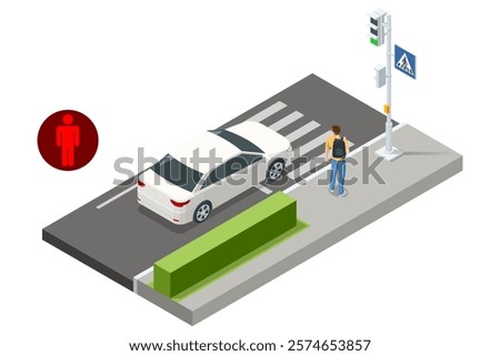 An isometric vector of a pedestrian at a crosswalk with a red car stopped at the traffic light. The pedestrian is waiting for the signal. Traffic regulation on pedestrian crossing.