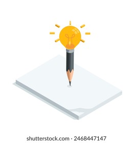 lápiz de Vector isométrico con una bombilla en una pila de papeles, en color sobre un fondo blanco, generador de ideas o creativo