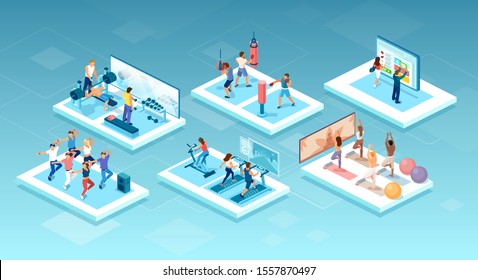 Isometric vector of people doing different workouts at the gym, fitness center