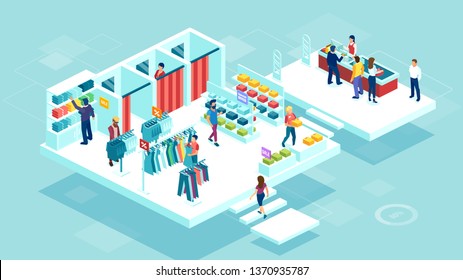 Isometric vector of people men and women shopping together at the shopping mall buying clothing