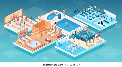 Isometric vector of people practicing sports and relaxing at fitness and wellness center in different workout areas 