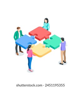 isometric vector people putting together puzzles, in color on a white background, teamwork and common business goal