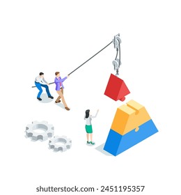 isometric vector people putting together puzzles, in color on a white background, teamwork and common business goal