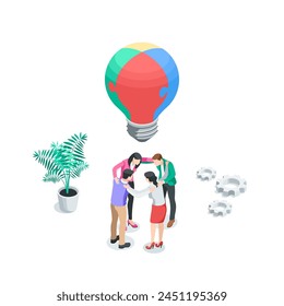 isometric vector people putting together puzzles, in color on a white background, teamwork and common business goal