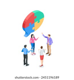 isometric vector people putting together puzzles, in color on a white background, teamwork and common business goal