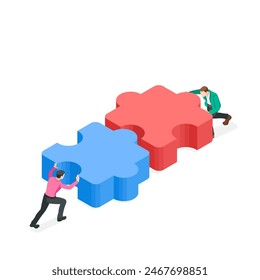 isometric vector people putting together puzzles, in color on a white background, teamwork and common business goal