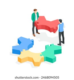 isometric vector people putting together puzzles in the form of a gear, in color on a white background, teamwork and common business goal