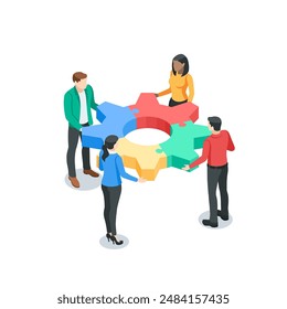 isometric vector people putting together puzzles in the form of a gear, in color on a white background, teamwork and common business goal