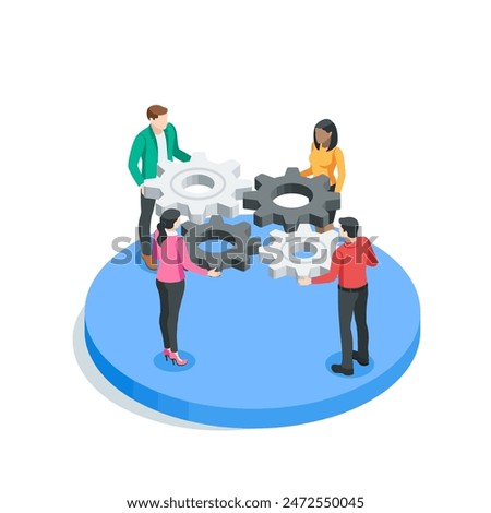 isometric vector people putting together gears into one mechanism, in color on a white background, teamwork or a common task