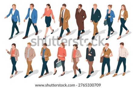 Isometric Vector People Set Featuring Walking and Sitting Figures with Shadows for Architectural Diagrams