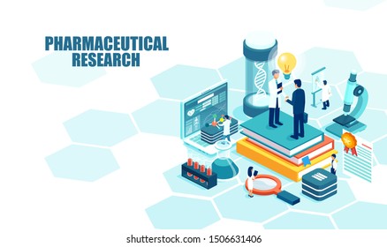 Isometric Vector Of A Pharmaceutical Research Laboratory With Scientists Working To Develop New Drugs And Genetic Testing 