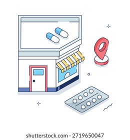 Vector isométrico de la construcción de farmacias con concepto de medicina y receta.