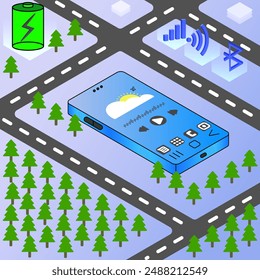 Un teléfono de Vector isométrico, con un concepto de tecnología ecológica para un futuro más verde.