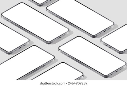 Isometric vector phone mockup - Template of mobile phones laying showing blank white screen in perspective view on grey background