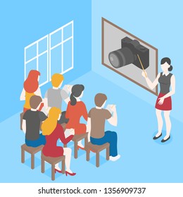 Isometric vector photography class interior, student group having online education courses, journalist school. Photographer tutorial. Professional digital photo lesson, camera design scheme.