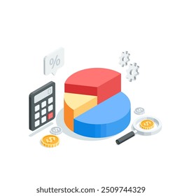 Gráfico circular de Vector isométrico con calculadora y lupa, en color sobre fondo blanco, análisis de datos financieros estadísticos