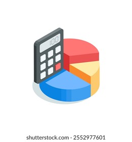 isometric vector pie chart with calculator icon, in color on white background, statistical financial data analysis