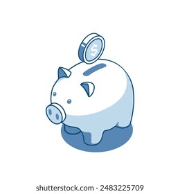 isometric vector piggy bank linear icon with a falling coin, in color on white background, bank and finance or savings