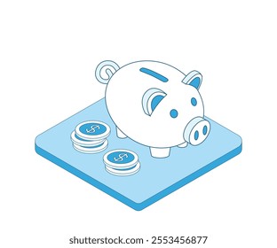 Isometric vector piggy bank linear icon with coins, in color on white background, bank and finance or savings.