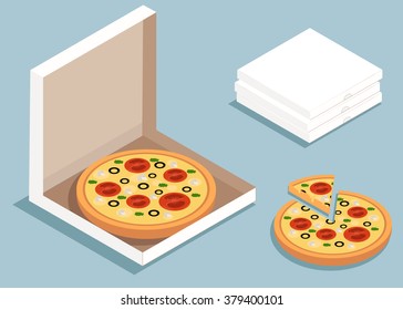 Isometric vector pizza. pizza in the box.  Delicious italian pizza. isometric illustration