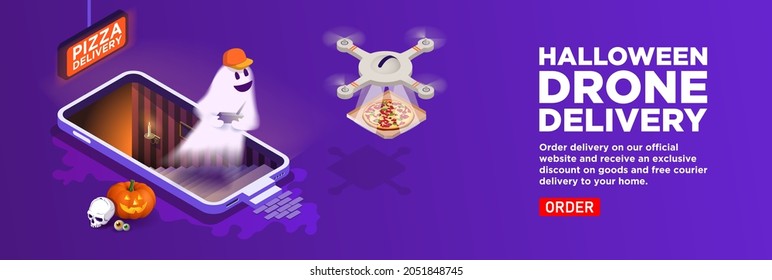 Vector isométrico. Dron de entrega de pizza para Halloween. Un teléfono con una escalera en el sótano. Corredor fantasma con mando a distancia en una cápsula, linterna de calabaza. Solicitar una compra en la tienda online 