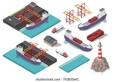 Isometric vector port ship loading logistic concept