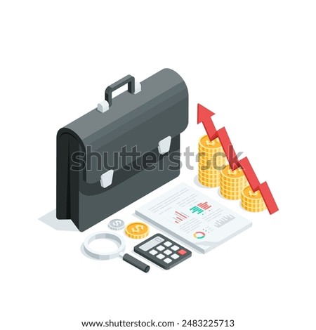 isometric vector portfolio and chart from coins with an arrow up and statistics printed on a sheet of paper, in color on a white background, business analytics and statistics