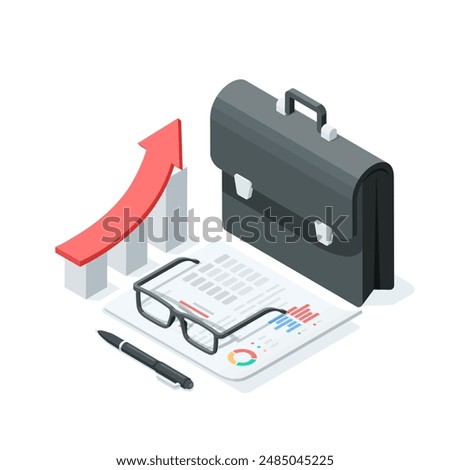 isometric vector portfolio and chart with statistics printed on a sheet of paper and glasses, in color on a white background, business analytics and statistics or growth plan
