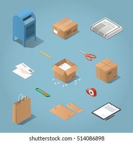 Isometric vector postal delivery objects set. Illustration of mailbox, cardboard box, newspaper, letters, open box with filler, shopping bag, envelopes, paper on tablet, knife, adhesive tape, scissors