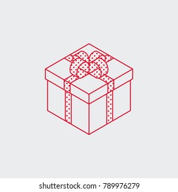 Isometric Vector Present Box Illustration. Christmas Or Birthday Surprise Concept. Isometric Gift Box With Ribbon Bow. Minimalistic Outline Style.