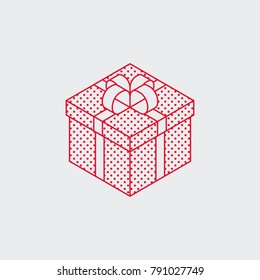 Isometric Vector Present Box Illustration. Christmas Or Birthday Surprise Concept. Isometric Gift Box With Ribbon Bow. Minimalistic Outline Style.