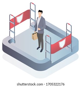 Isometric vector. Preventing shoplifting scanner gate system on all sides. Anti-theft sensor gates with. Security system detect barcode and notify.